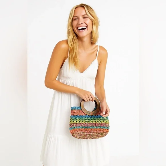 CAPPELLI STRAWORLD Turquoise Crochet Toyo Straw Wooden Grip Satchel Tote Handbag - Picture 2 of 11